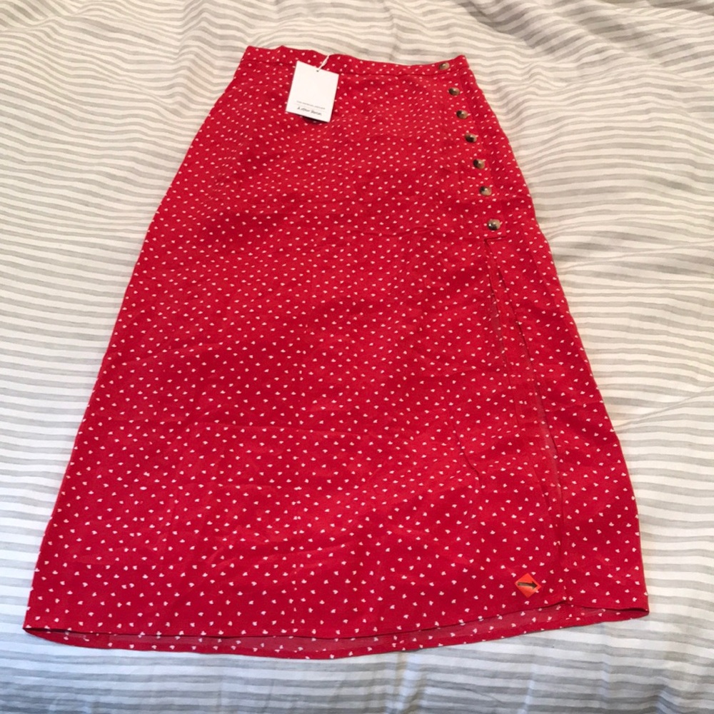 Asymmetrical button red and white polka dot skirt